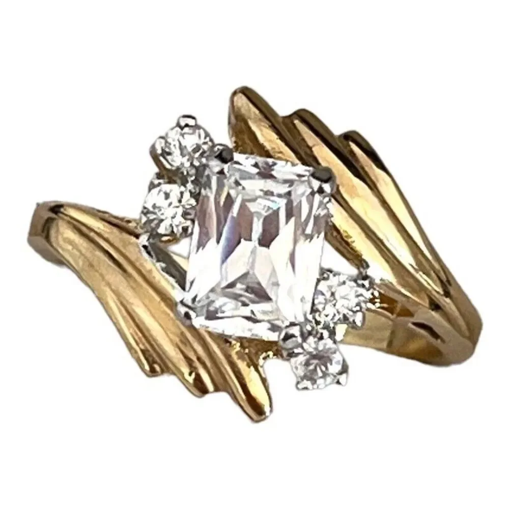 Vintage 1970s Ring Size 6 CZ Emerald Cut Solitaire Bypass Gold Plated - 14R